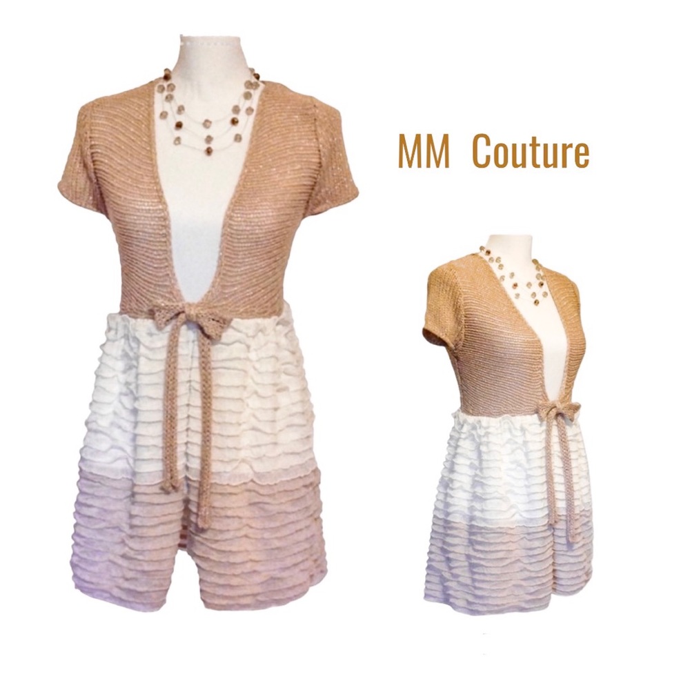 🆕 MM COUTURE Metallic Gold Tie Front Long Cardigan w/Ivory & Beige Ruffles NWT - Picture 9 of 12